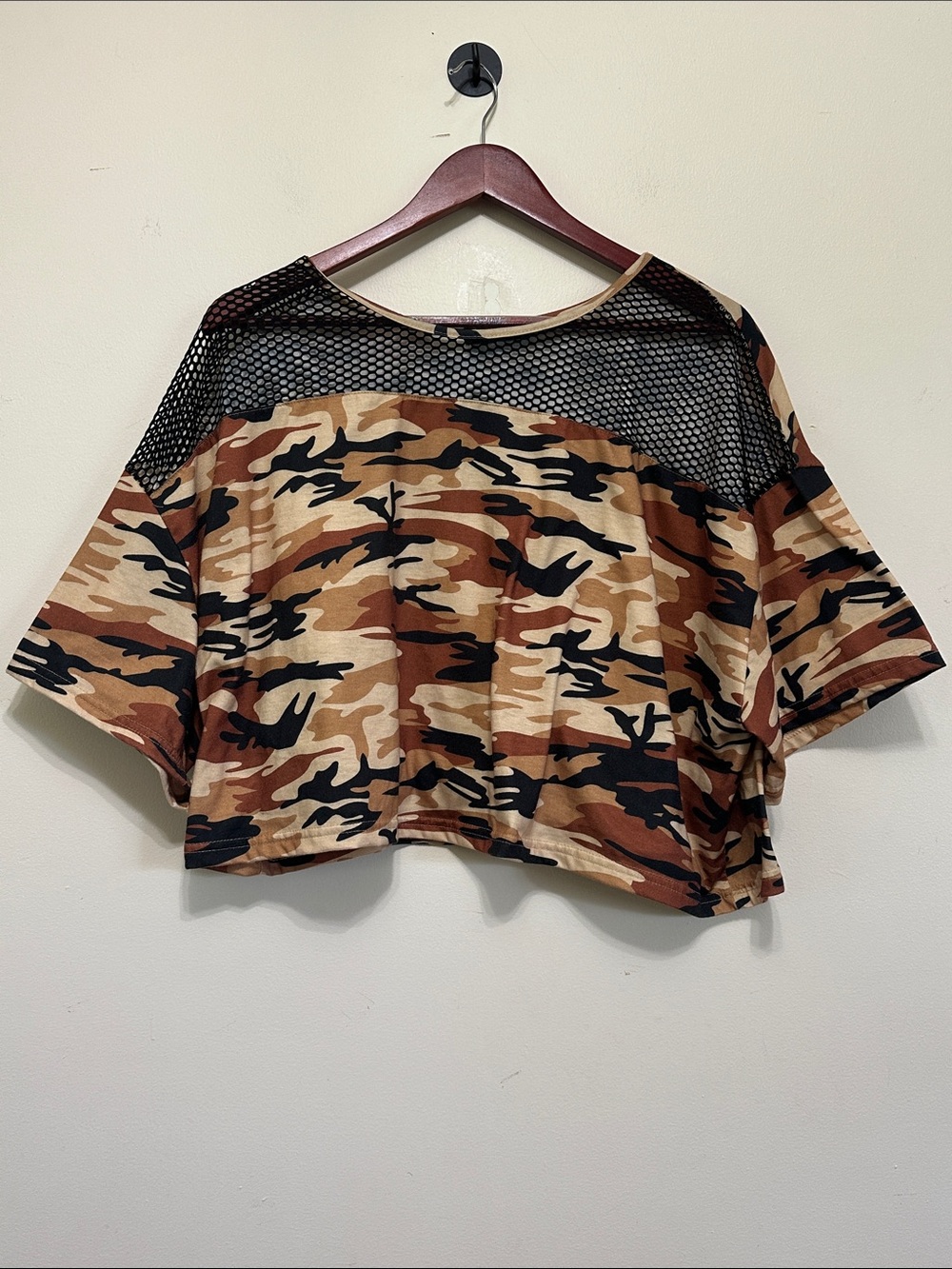 SHEIN Black & Brown Camo Mesh-Accent Crop Top